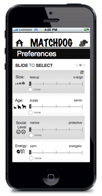 Matchdog app prototype preferences filters