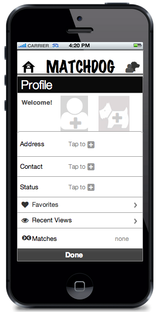 Matchdog app prototype user profile general